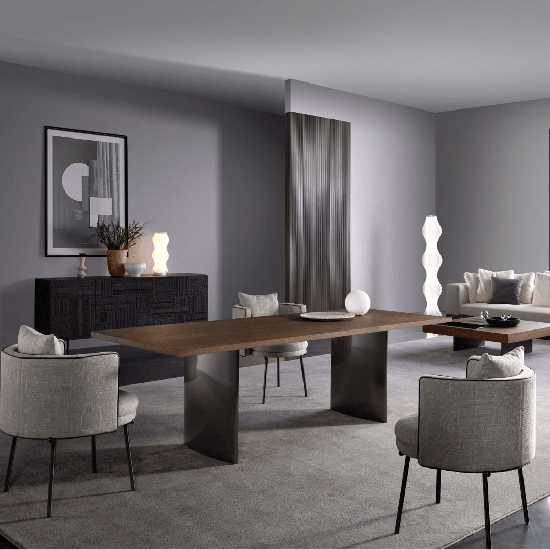 Modern Walnut Dining Table | Solid Wood Top with Stainless Steel Legs