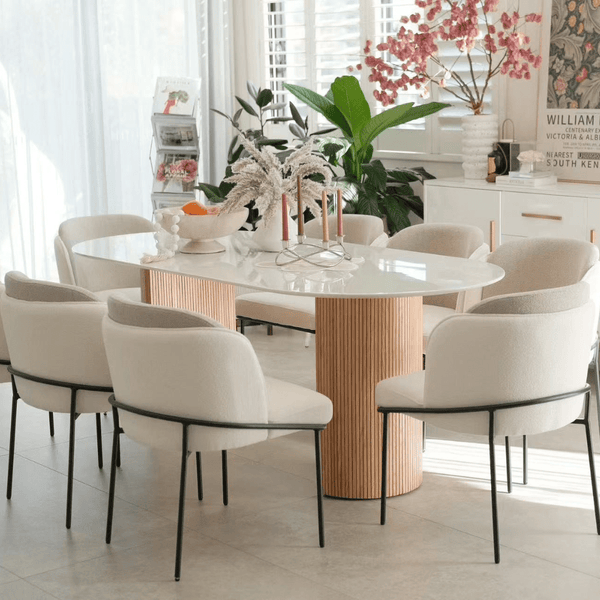 Oval Dining Table with Solid Wood Legs and Calacatta White Sintered Stone Top