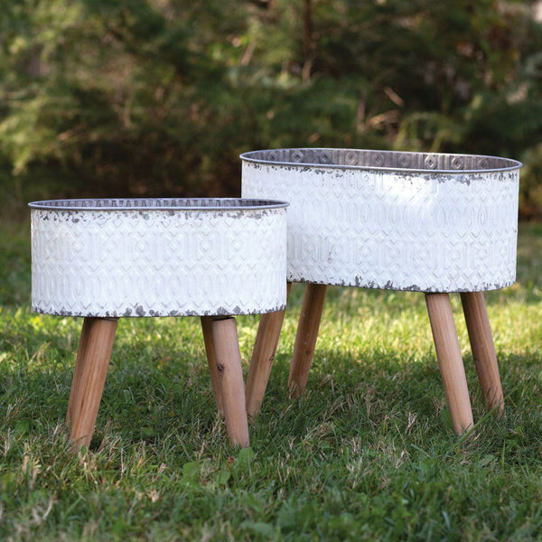 Embossed Metal Planters on Wooden Legs - Set of 2 Default Title