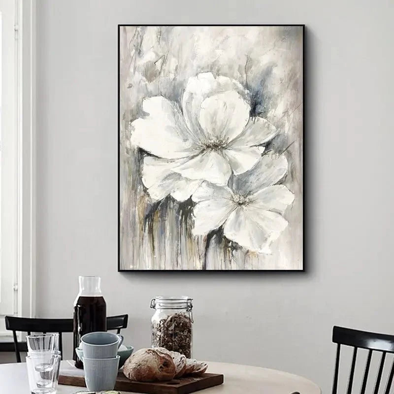 Modern Painted Wall Art – White Gray Flowers