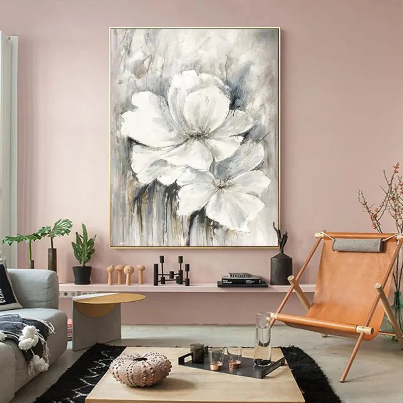 Modern Painted Wall Art – White Gray Flowers