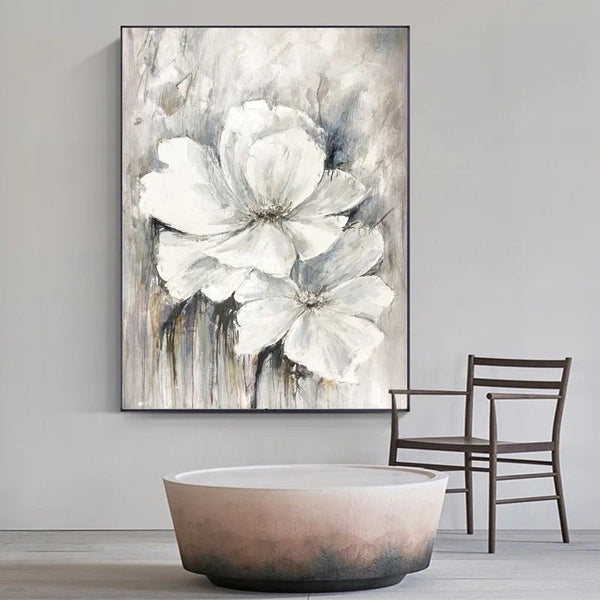Modern Painted Wall Art – White Gray Flowers