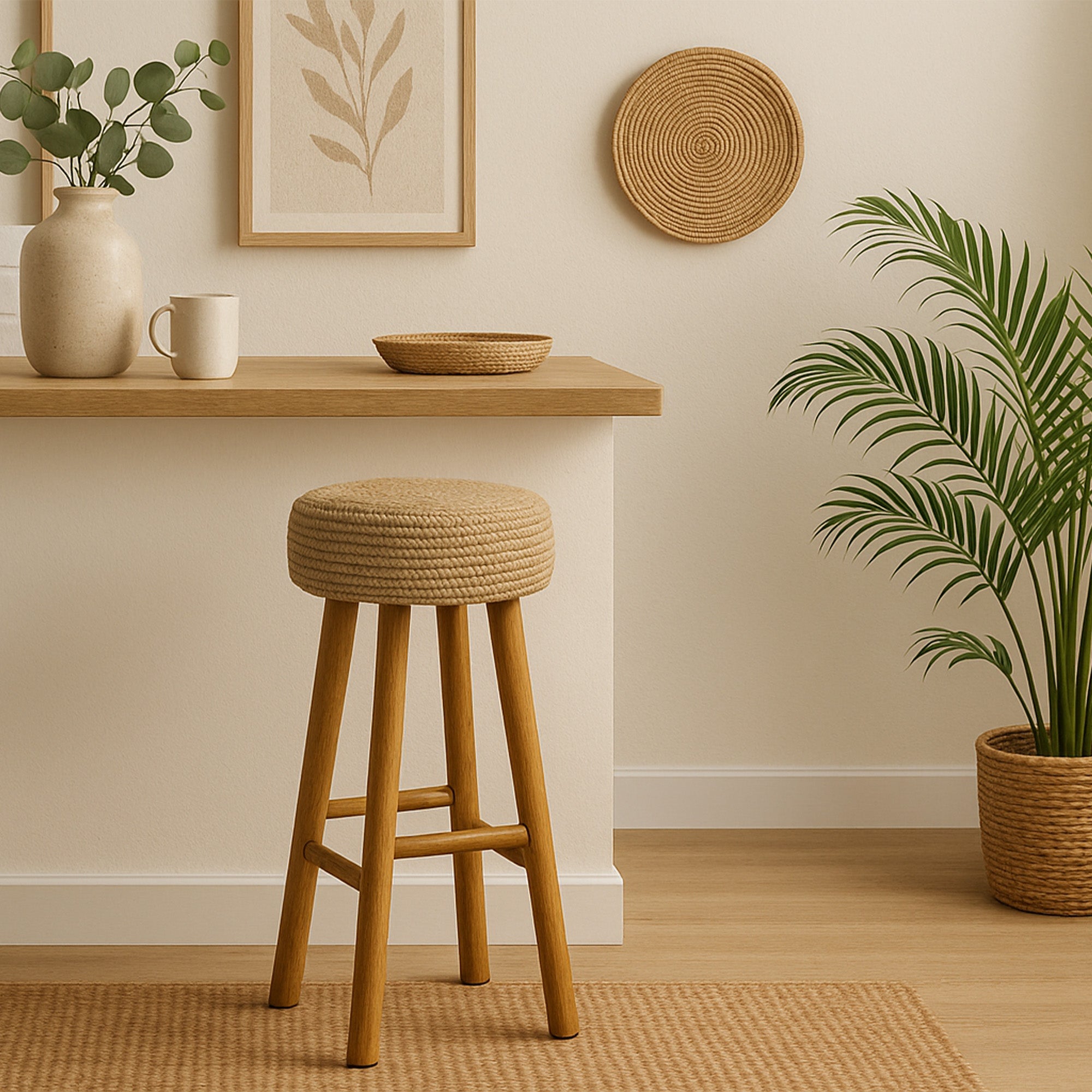 Kuta Natural Teak Indoor Branch Stool with Raffia Seat - 18.5"-30"