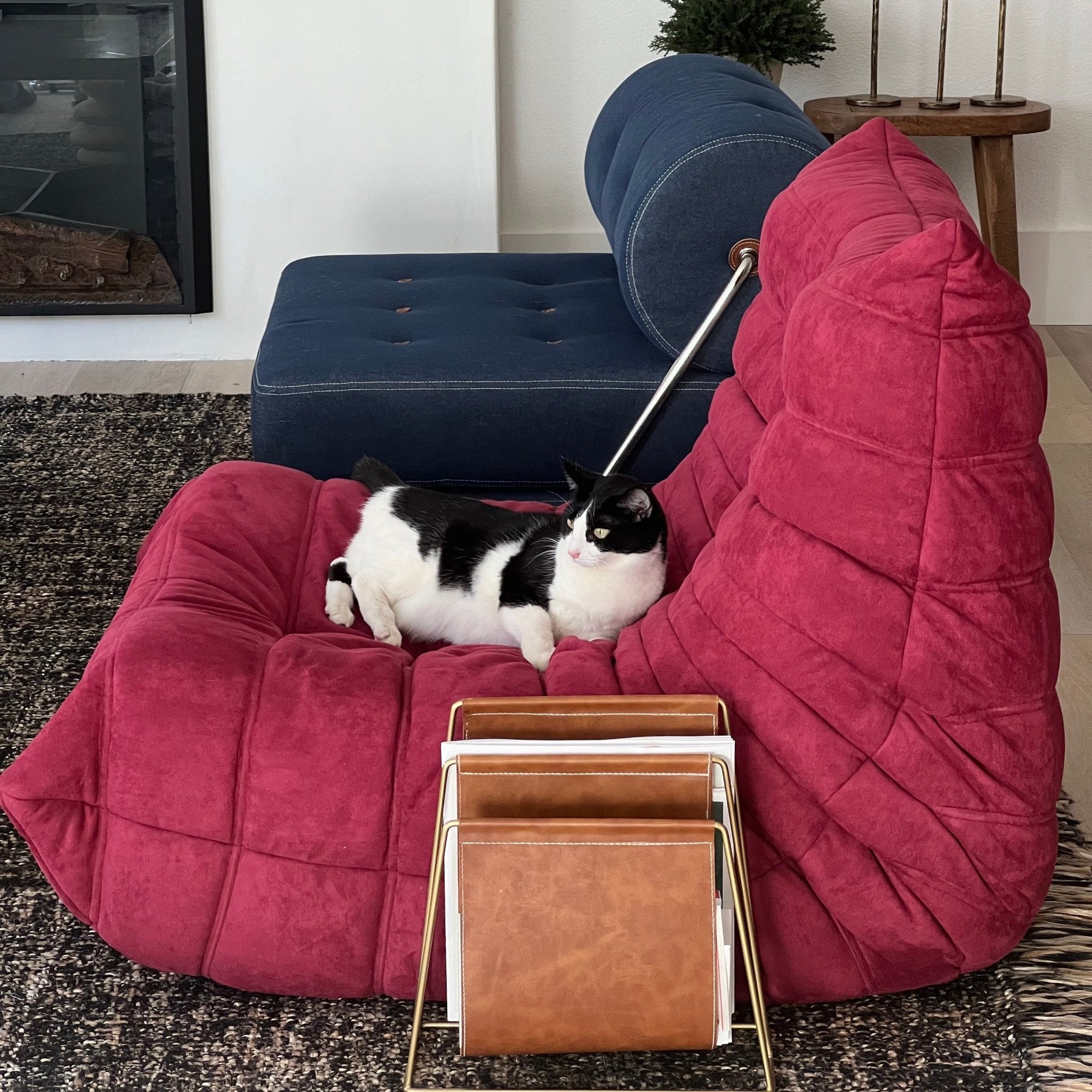 A black and white cat relaxes on the red Chillax Lounger Sofa Chair designed for ergonomic comfort, next to a brown magazine rack. In the background, a navy sofa and fireplace enhance the cozy ambiance.