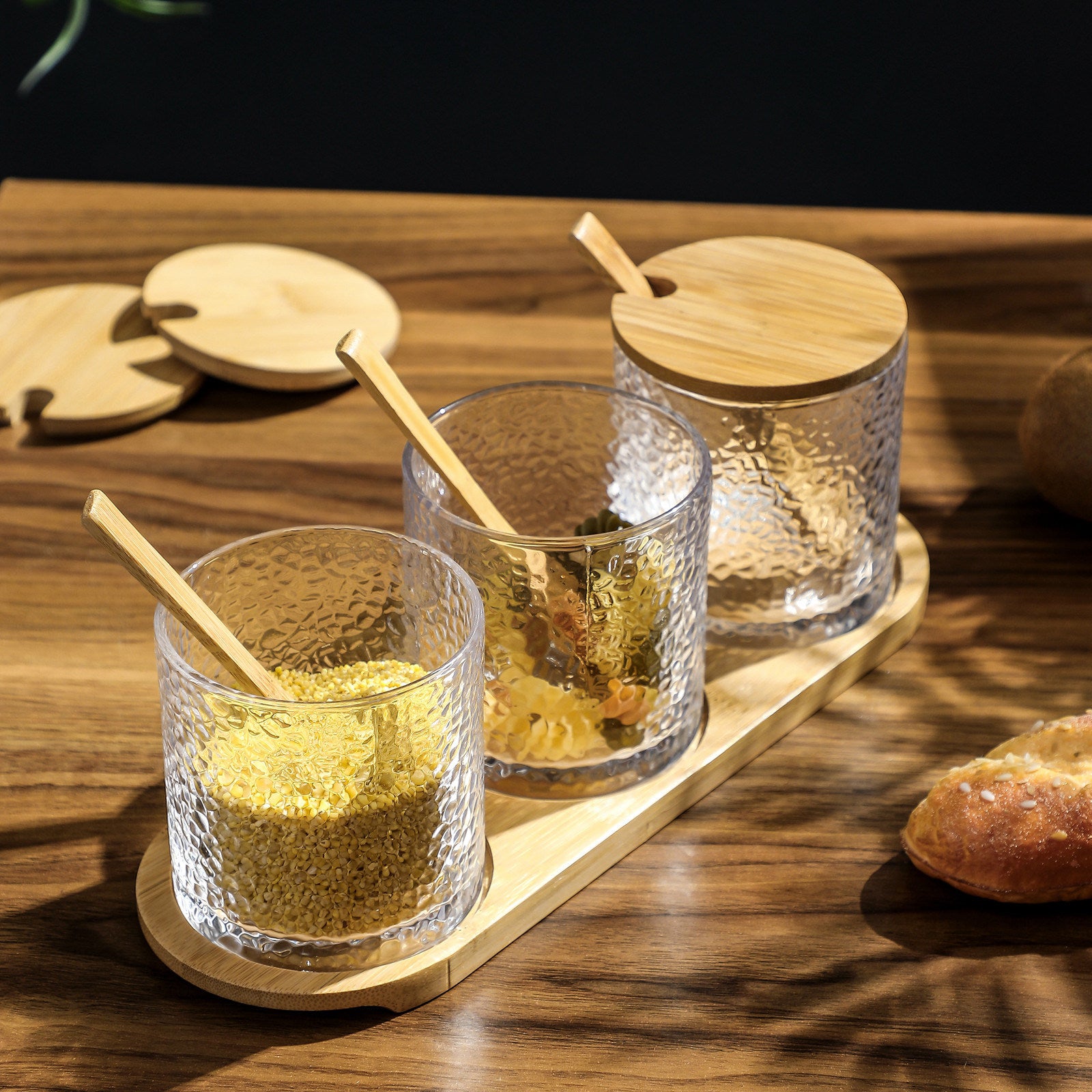 Glass Condiment Jars with Bamboo Lid and Tray