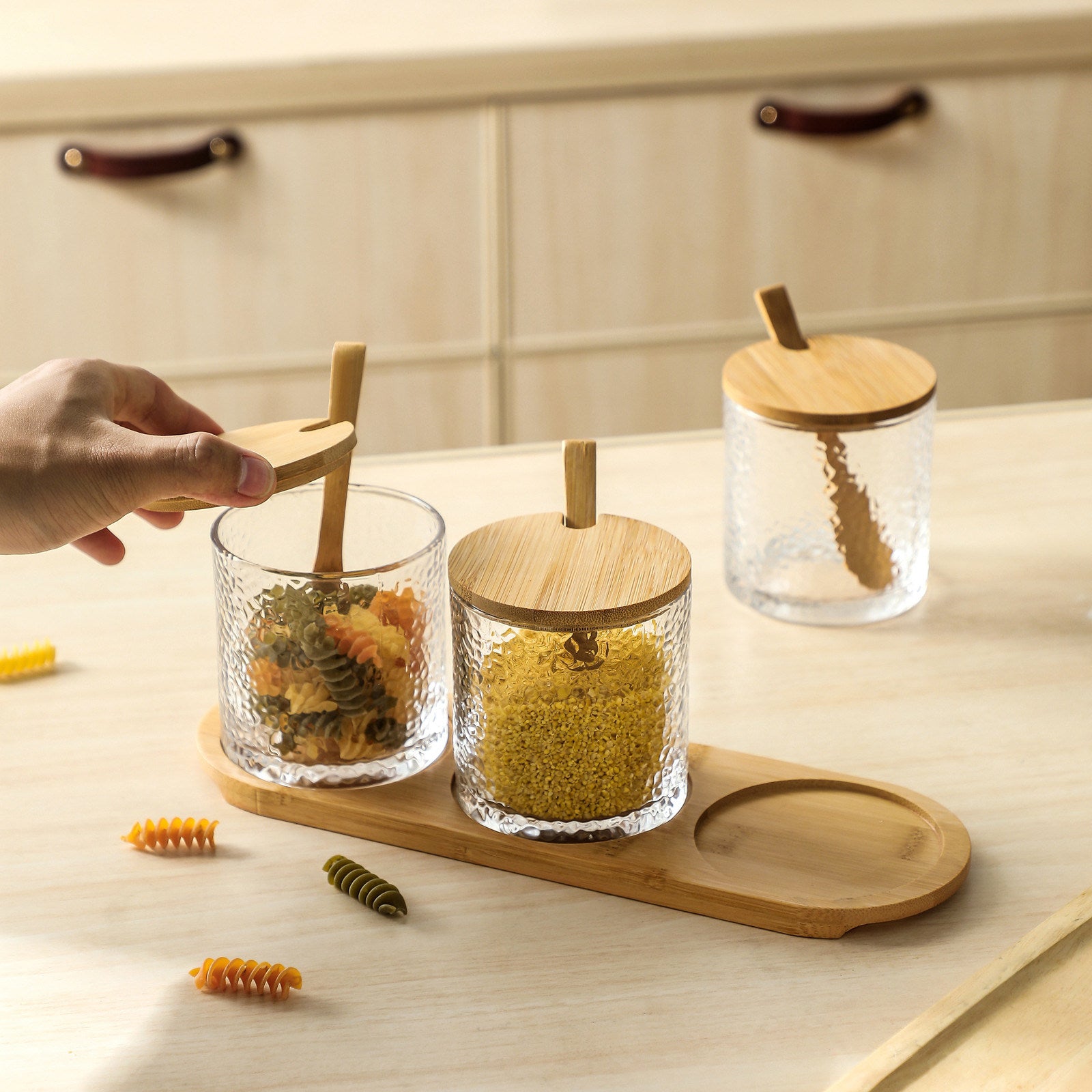 Glass Condiment Jars with Bamboo Lid and Tray
