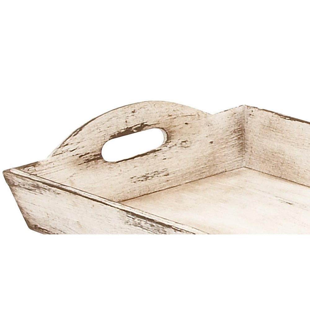 Distressed Wooden Finish Serving Trays With Handles, Set Of 2