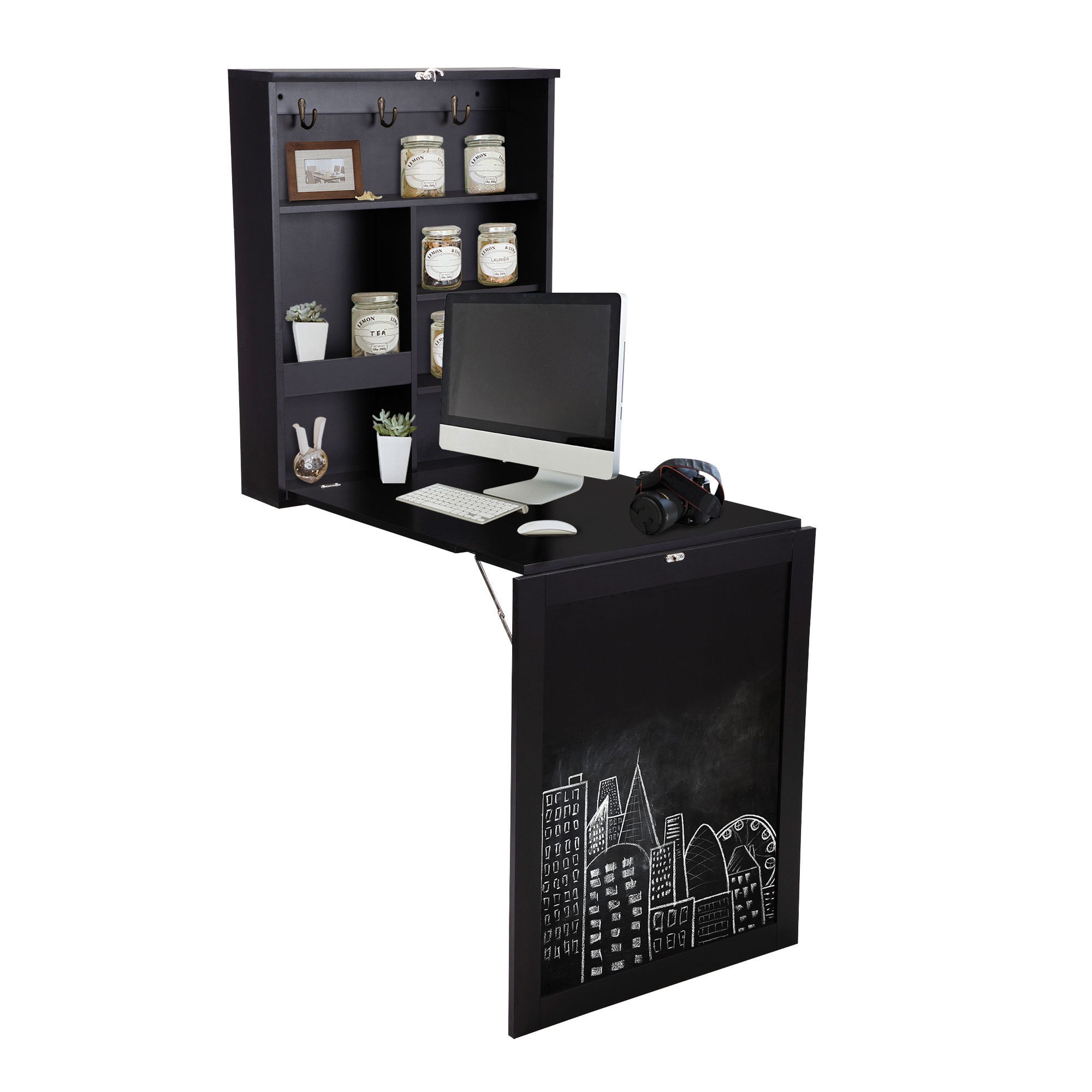 Foldable Floating Wall Desk with Storage Shelves and Blackboard