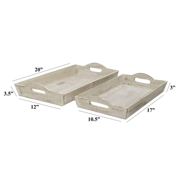 Distressed Wooden Finish Serving Trays With Handles, Set Of 2