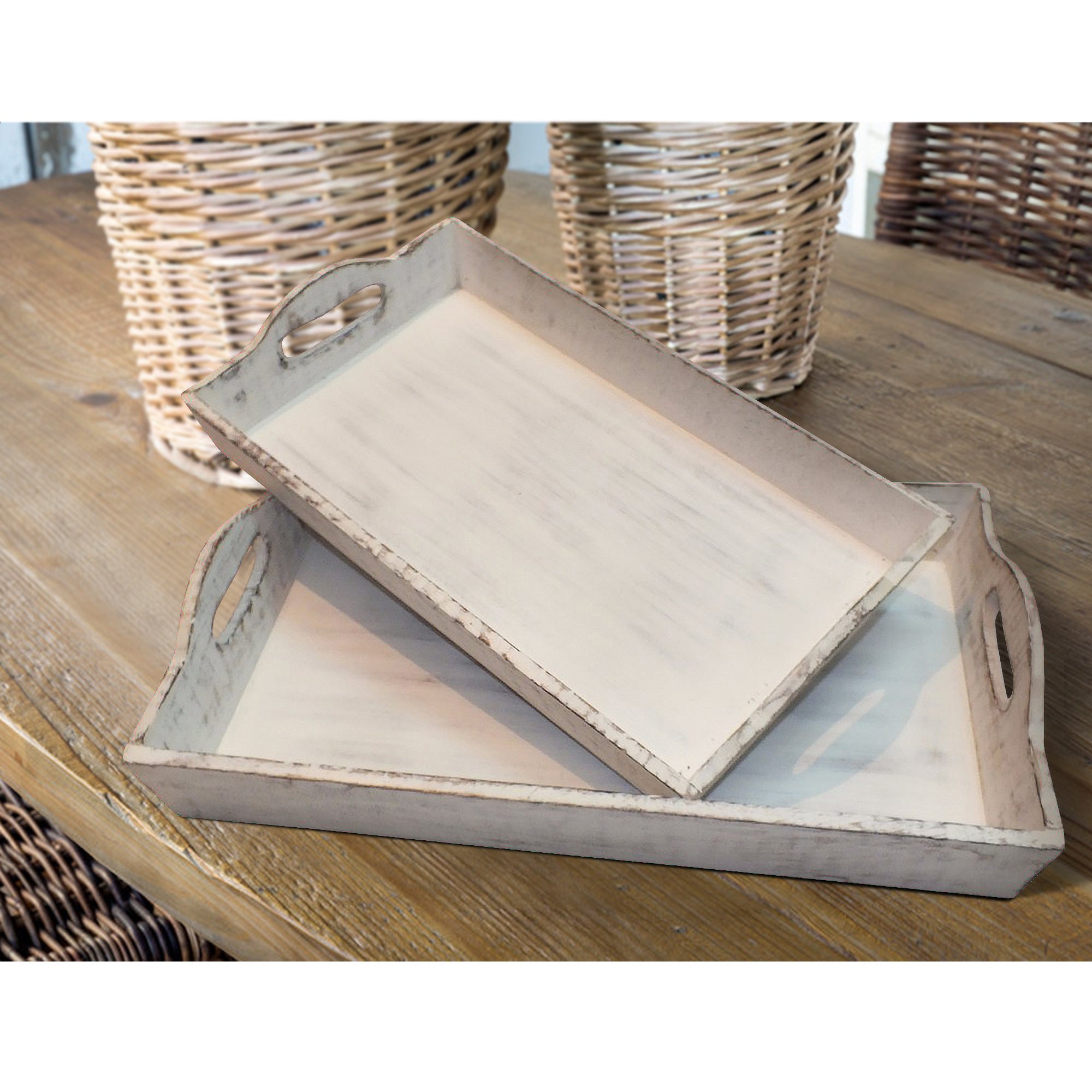 Distressed Wooden Finish Serving Trays With Handles, Set Of 2