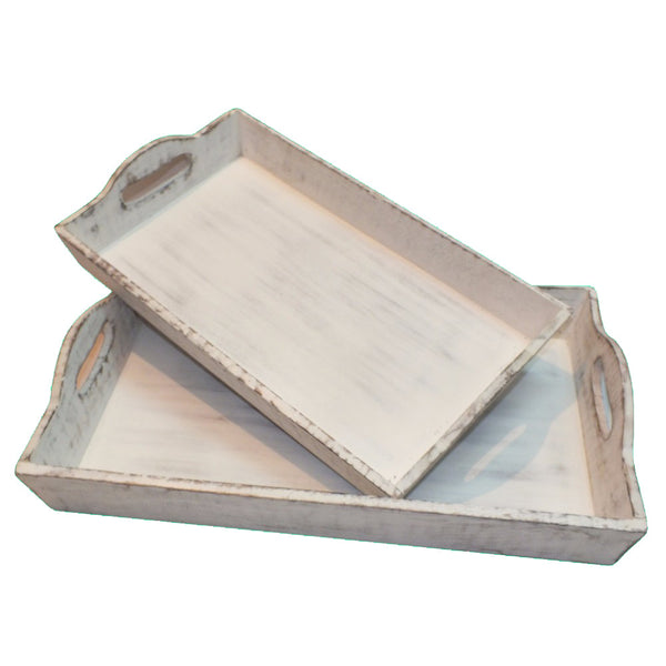 Distressed Wooden Finish Serving Trays With Handles, Set Of 2