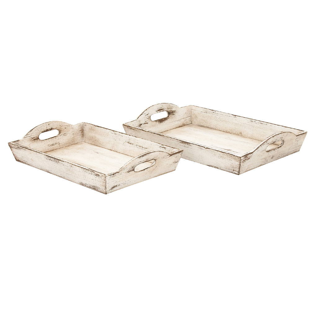 Distressed Wooden Finish Serving Trays With Handles, Set Of 2